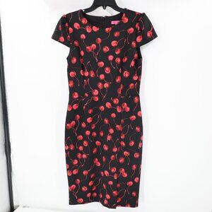 Y2K Betsy Johnson dress womens 10 cherry print scuba black sheath Cap Sleeve